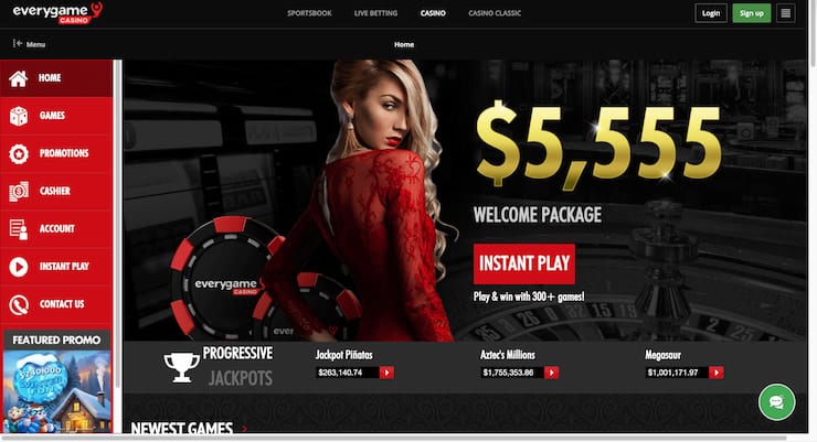 A screenshot of the Everygame Casino homepage displaying a $5,555 welcome bonus, live progressive jackpot tickers, and a red sidebar menu.