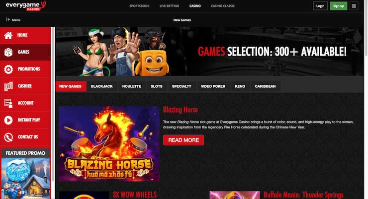 A game lobby at Everygame Casino showcasing a "GAMES SELECTION: 300+ AVAILABLE!" banner and a featured "Blazing Horse" slot game inspired by the Chinese New Year.