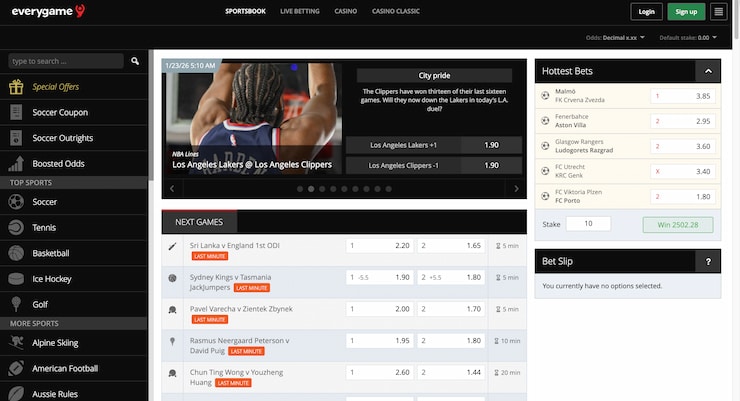 The Everygame Sportsbook interface displays live betting odds for NBA games and international football matches alongside a comprehensive list of upcoming sports events.