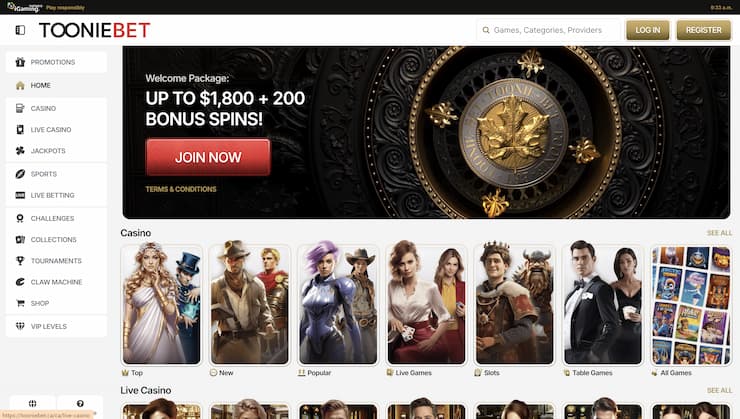 A snapshot of Tooniebet Casino and its generous welcome bonus for Canadian players.