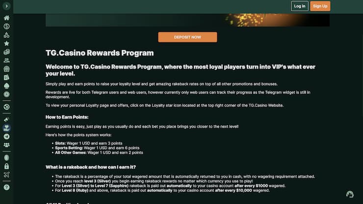 An overview of loyalty rewards at TG Casino.