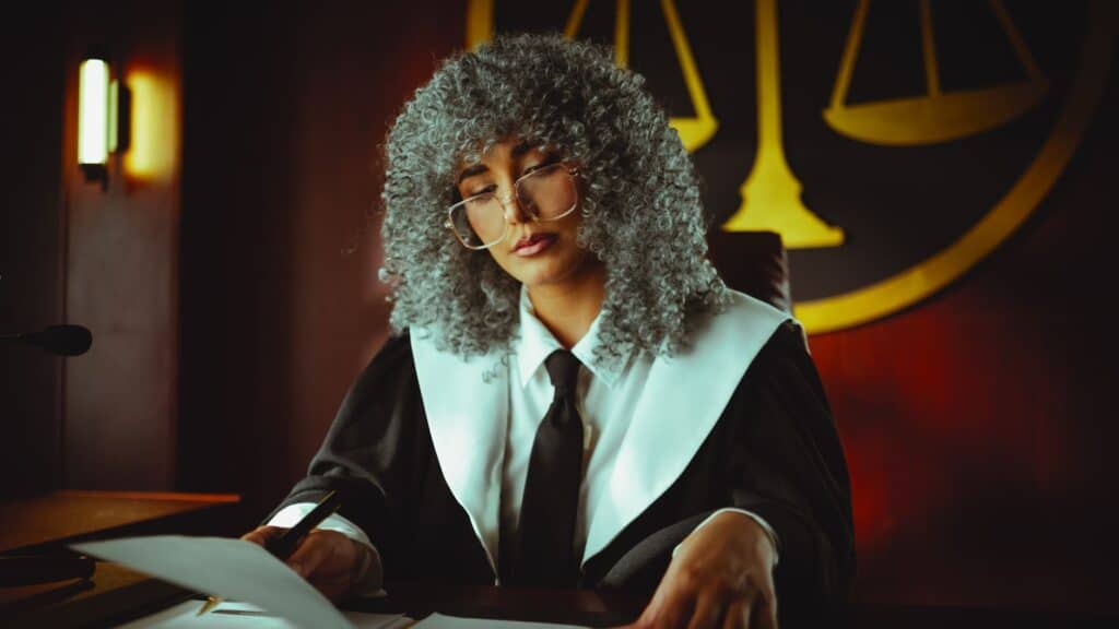 A gavel resting beside scales of justice on a wooden desk