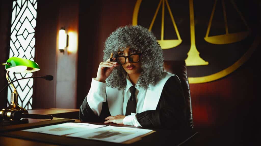 A gavel resting on a wooden desk beside a law book