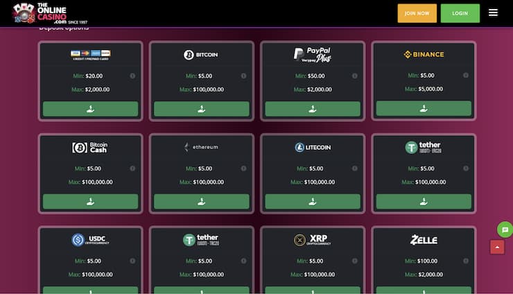 An overview of The Online Casino deposit banking services.