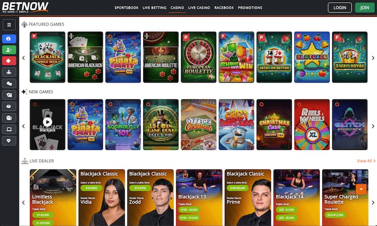 BetNow review showing the casino lobby with blackjack, roulette, slots, and live dealer games