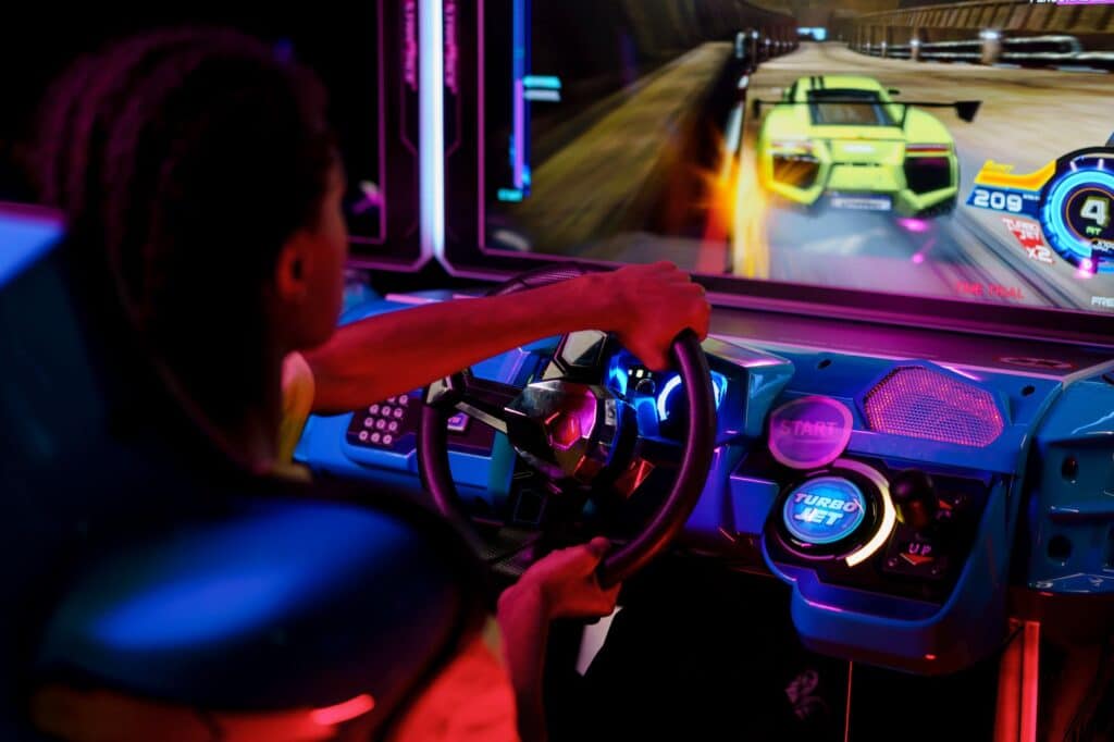 Close-up of a colorful video game screen with bright graphics