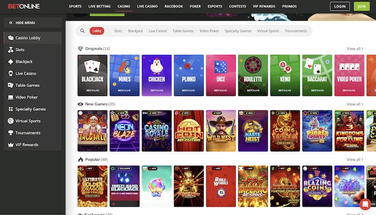 An overview of the most popular casino games at BetOnline.