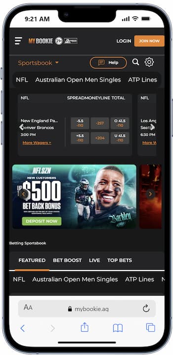 An image showing MyBookie landing page on a mobile device.