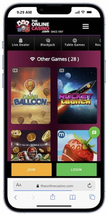 A snapshot of The Online Casino landing page on a mobile device.