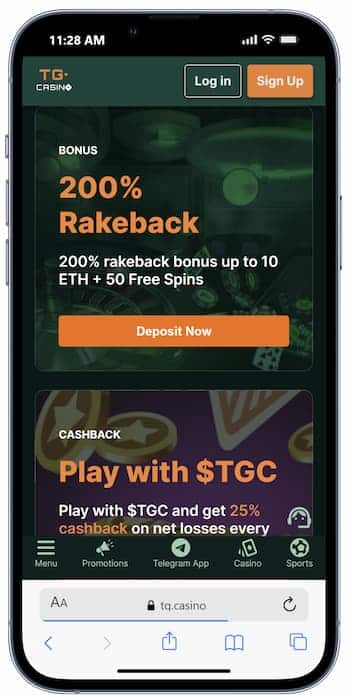 An image showing TG Casino landing page on a mobile device.