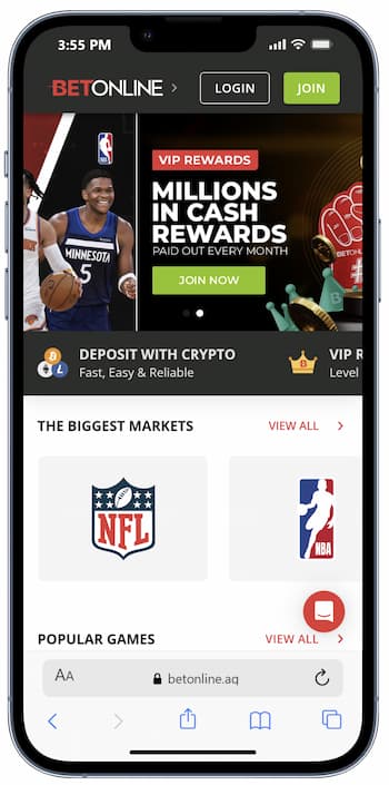 A snapshot of BetOnline landing page on a mobile device.