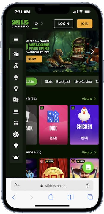 A look at Wild Casino visited on a mobile device.