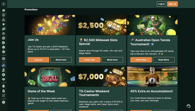 A snapshot of ongoing bonuses at TG Casino.