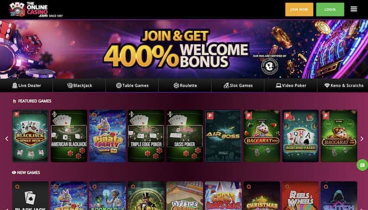 An image showing The Online Casino landing page on a desktop device.