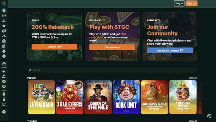 An image showing TG Casino landing page on a desktop device.