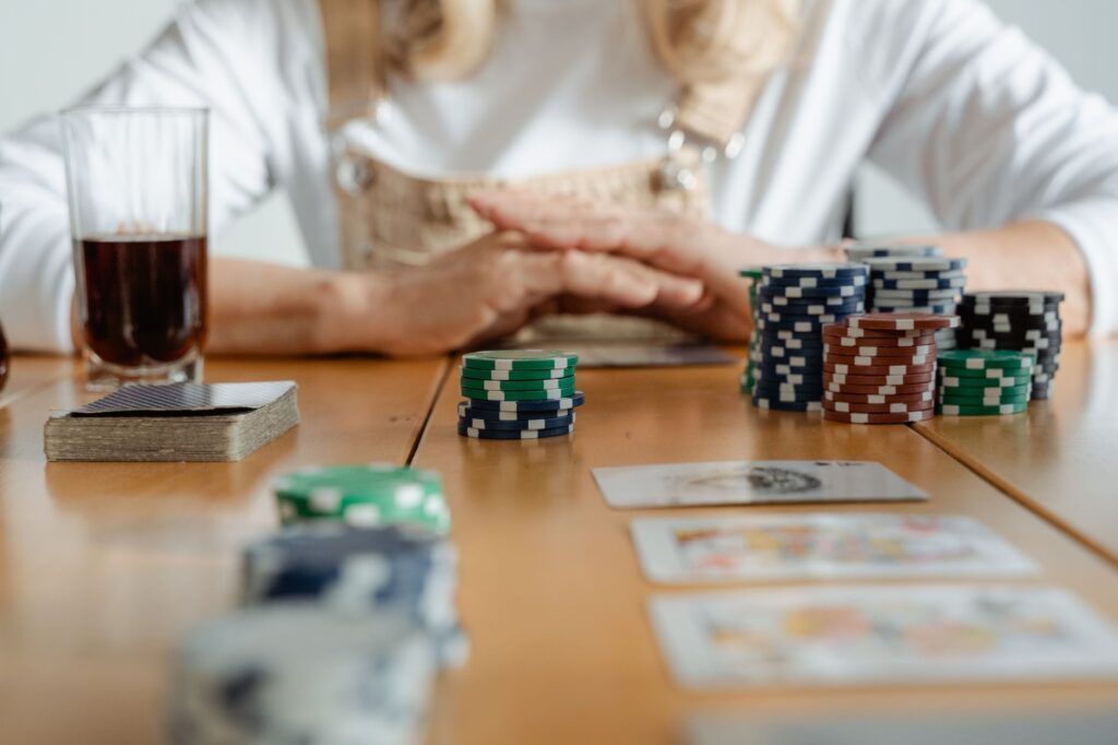 Poker chips and cards arranged on a table