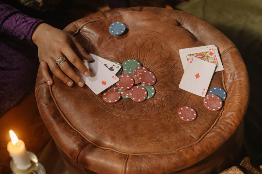 Poker chips and cards arranged on a table