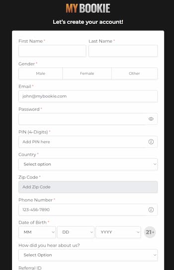 A snapshot of MyBookie registration form.