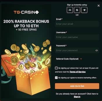 An image showing TG Casino registration form.