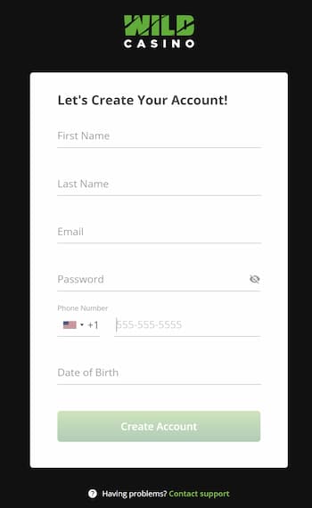 An image showing Wild Casino registration form.