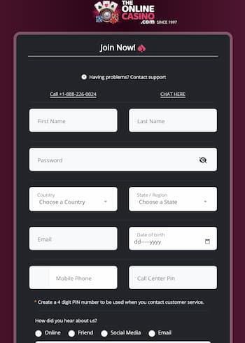 A snapshot of The Online Casino registration form.