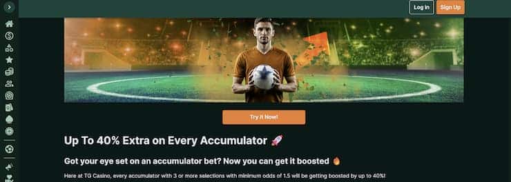 A snapshot of TG Casino generous sports betting promo.