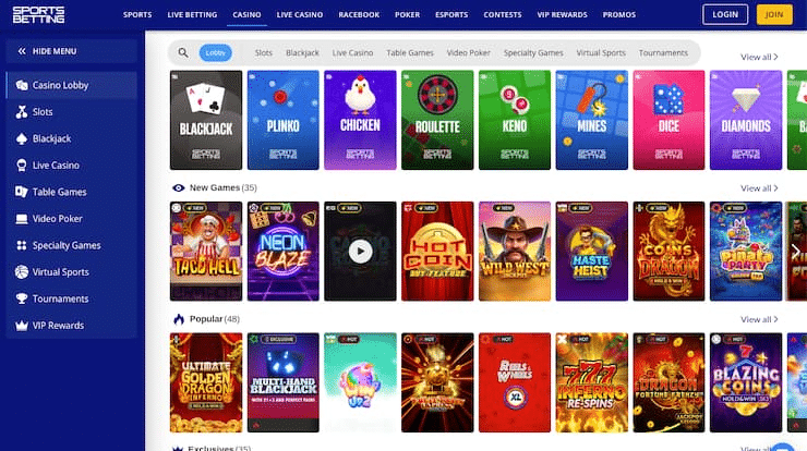 sportsbetting.ag review showing casino lobby with blackjack, slots, roulette, and original games interface