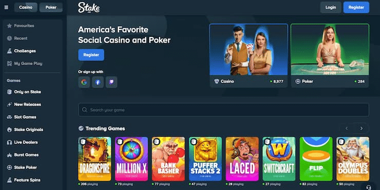 Anonymous poker site Stake.us homepage highlighting crypto poker access