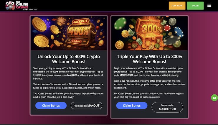 A snapshot of two welcome offers at The Online Casino.