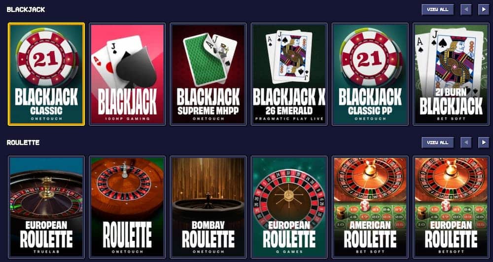 Table games: blackjack, roulette, baccarat