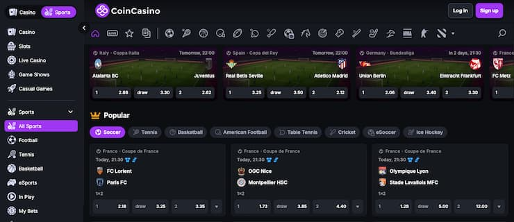 A desktop screenshot of the sports betting options at CoinCasino