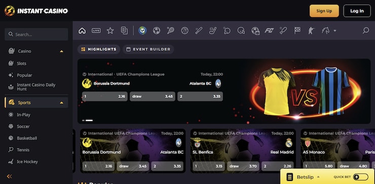 The Instant Casino sportsbook interface features a sleek dark theme with a prominent highlights section and an intuitive event builder.