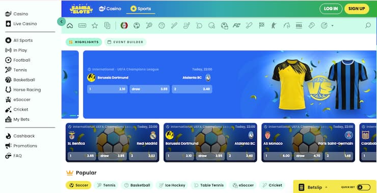 A screenshot of the Samba Slots sports betting site taken on desktop
