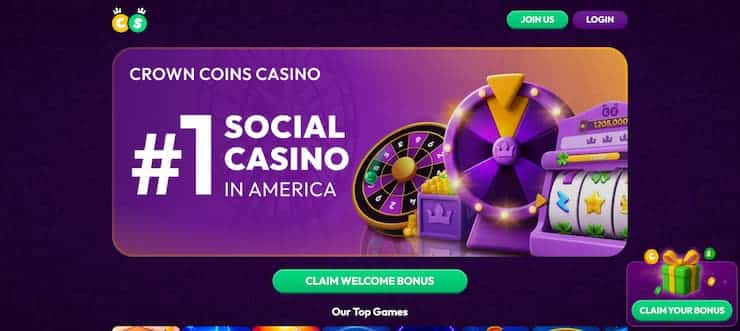 The purple starting page of social casino Crown Coins.