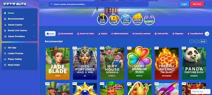 The social casino Spin Blitz game lobby.